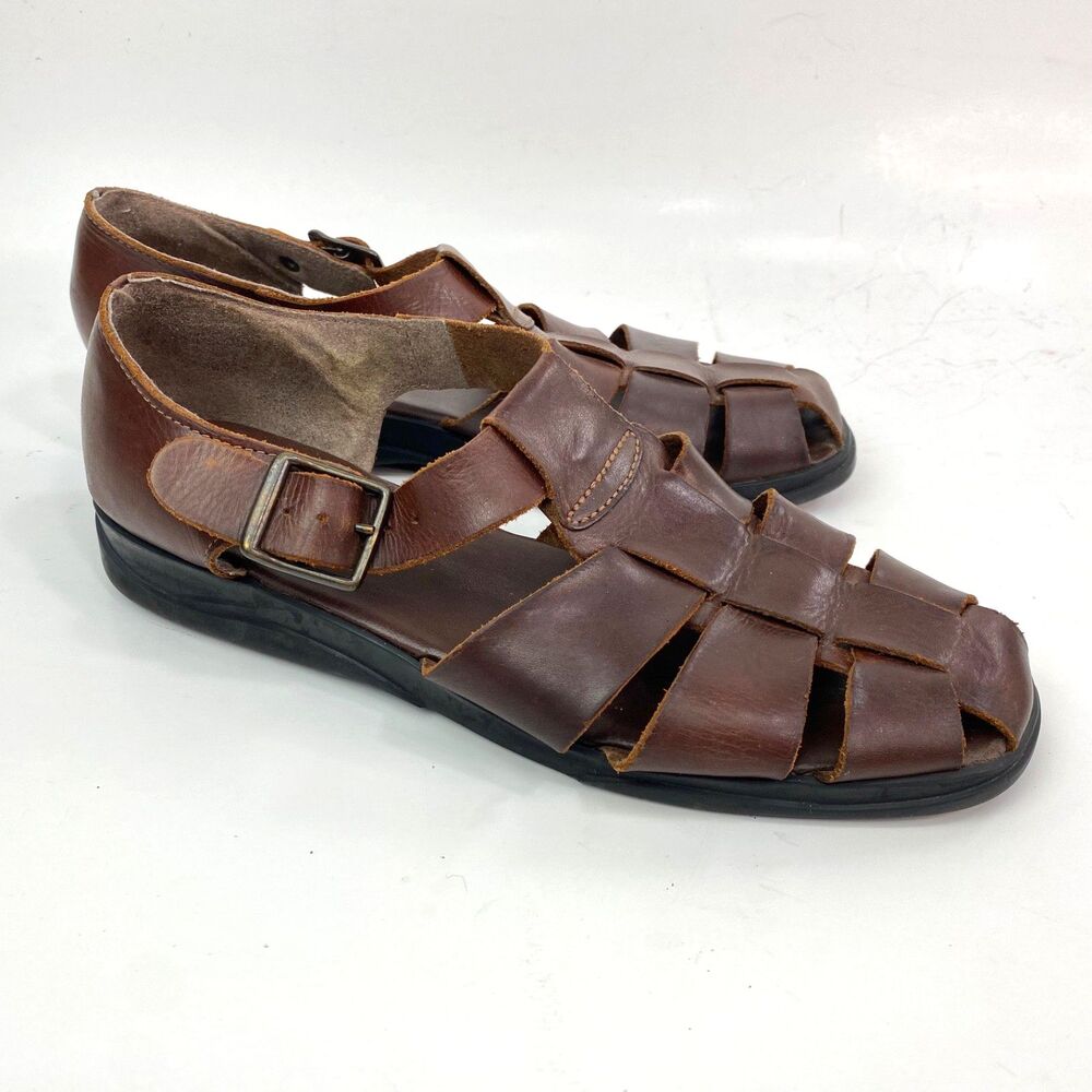 Vintage Y2K Brown Leather Wide Straps Hierarchies Sandals Size 8 Brazil Boho